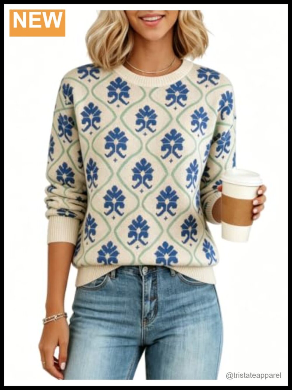 Women's Floral Crewneck Pullover Sweater Chunky Knit Long Sleeve